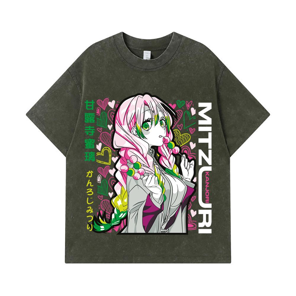 275 GSM Washed T-shirts 100% Cotton Demon Slayer V102 Mitsuri Print Unisex Heavy Cotton T Shirt