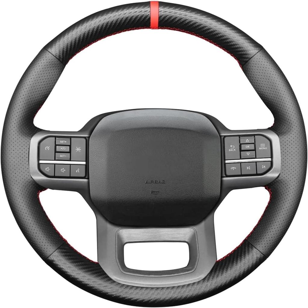 Black Genuine Leather Carbon Fiber Steering Wheel Cover for Ford F-150 2021-2026 /Ford F-250 F-350 F-450 F-55- F600 2023 20242025 2026 /Ford