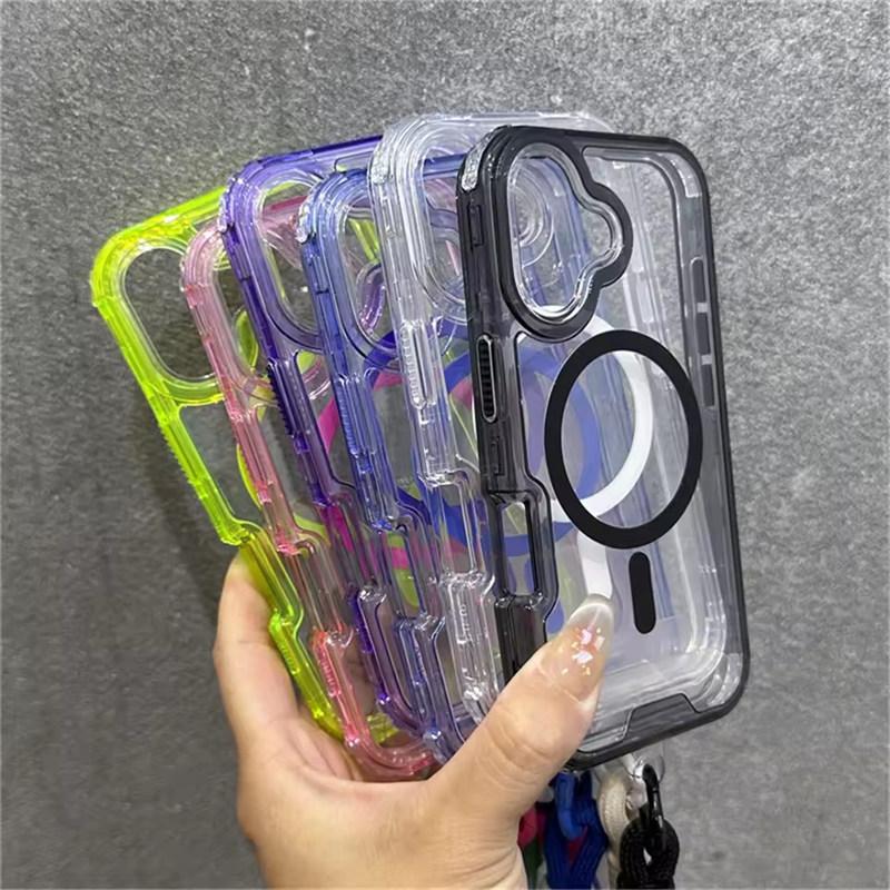 Luxury With Lanyard Clear For Magsafe Phone Case For iPhone 14 11 12 13 15 16 Pro Max Shockproof Armour Wrist Strap Back Cover