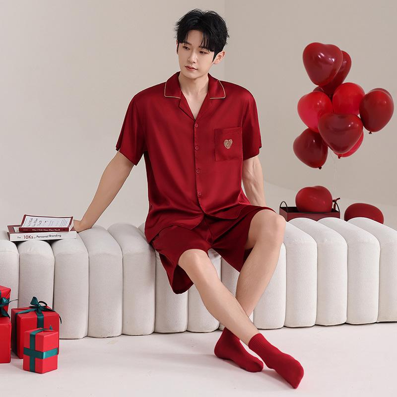 Spring and summer pajamas wedding couple suit ice silk short-sleeved shorts red natal year festive loungewear women