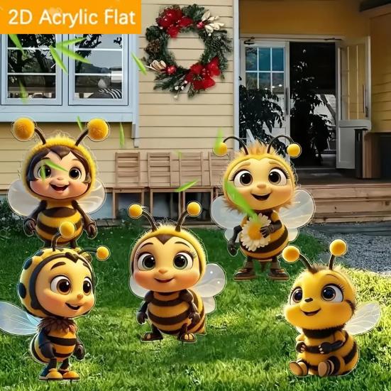 5Pcs Bee Statue 2D Bee Design Gardens Porches Bee Ornament Bright Yellow