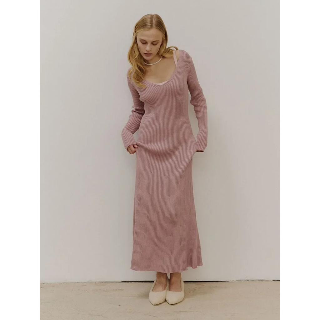 Women's New Solid Color Long Sleeve V-neck Slim Bodycon Knitted Maxi Dress Trendy Elegant Fashion Dresses