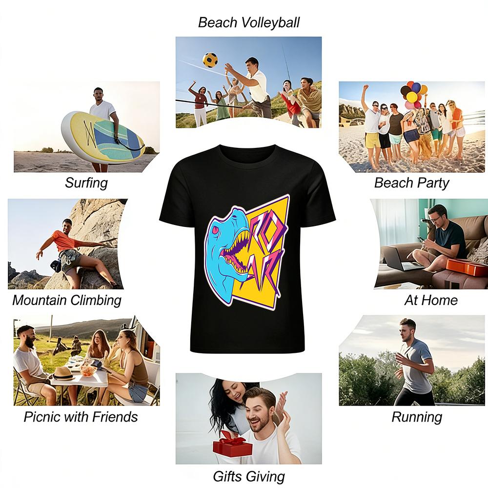 Roaring T-Rex Print Short Sleeve Unisex Retro Trendy Street Style Loose Casual Crew Neck T-Shirt Pure Cotton T-shirt