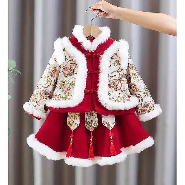 Girls' Winter New Year Hanfu: Fleece-lined Chinese Style Tang Suit for Toddlers and Children.