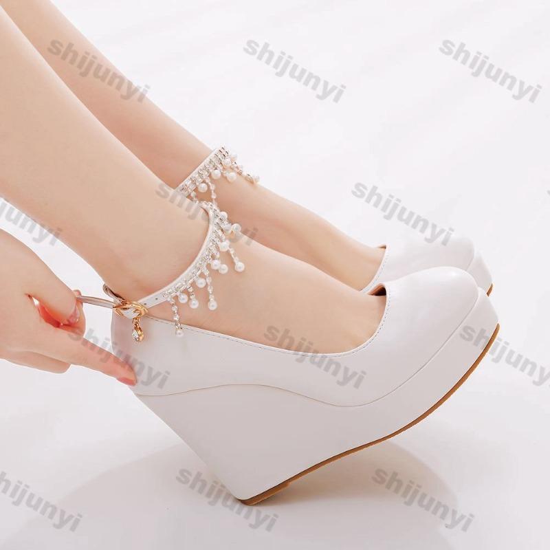 Fashion 11cm White Round Head Wedges Platform Shoes Women Tassel Flowing High Heel Shoes Plus Size 42 for Wedding Party Chaussure Femme