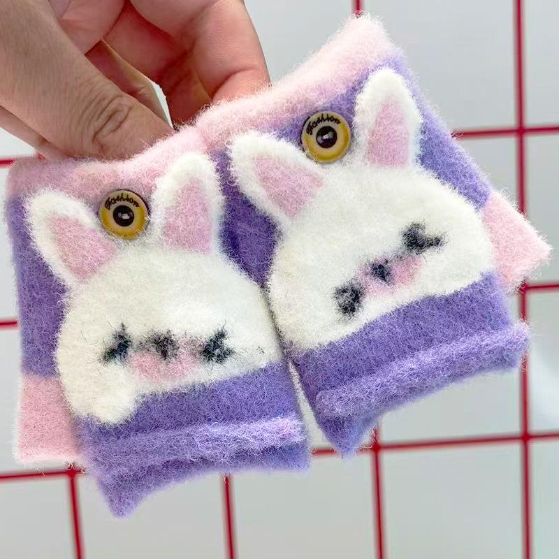Baby Gloves Winter Children's Cute Cartoon Half Finger Flip Dual-purpose Boys and Girls Thickened Warm Knitted Gloves