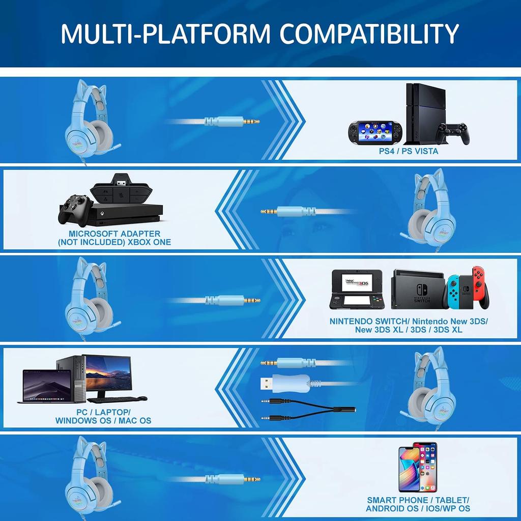 Blue Gaming Headset with Removable Cat Ears, Compatible with PC PS4 PS5 Xbox One(Adapter Not Included) Mobile Phones, with Surround Sound, RGB