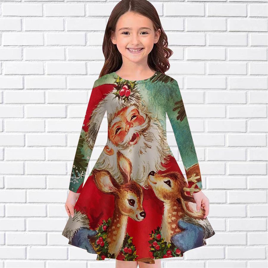 

Повседневное платье для девочек с принтом лося и круглым вырезом, длинными рукавами, для рождественского подарка, детское платье принцессы 140 красный