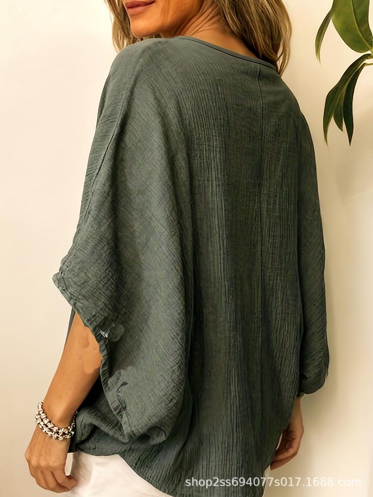 Versatile Batwing Sleeve V-Neck Cotton Linen Top
