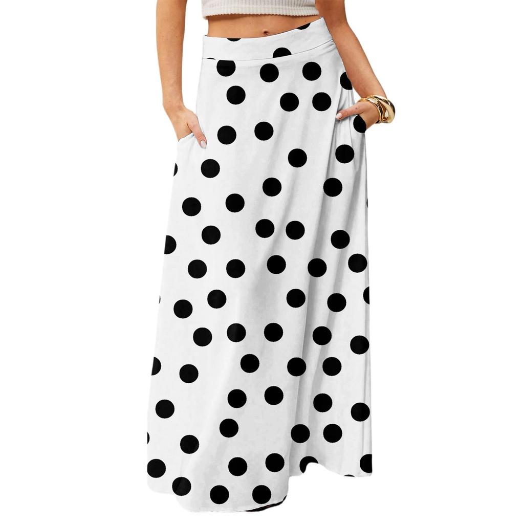 Damska Casualowa Składana Spódnica Maxi z Wysokim Stanem w Kropki z Kieszenią, Draperowana, Luźna