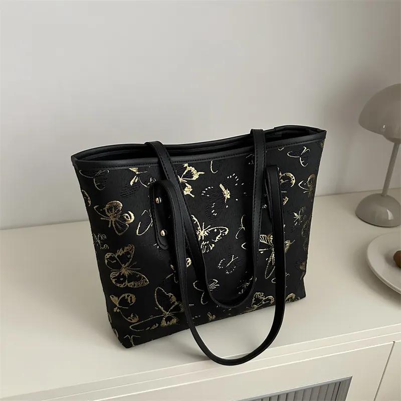 

WTEMPO Сумки через плечо в китайском стиле большой емкости для отдыха на молнии с бабочкой для поездок на работу, универсальная сумка для путешествий и покупок 1pc чёрный