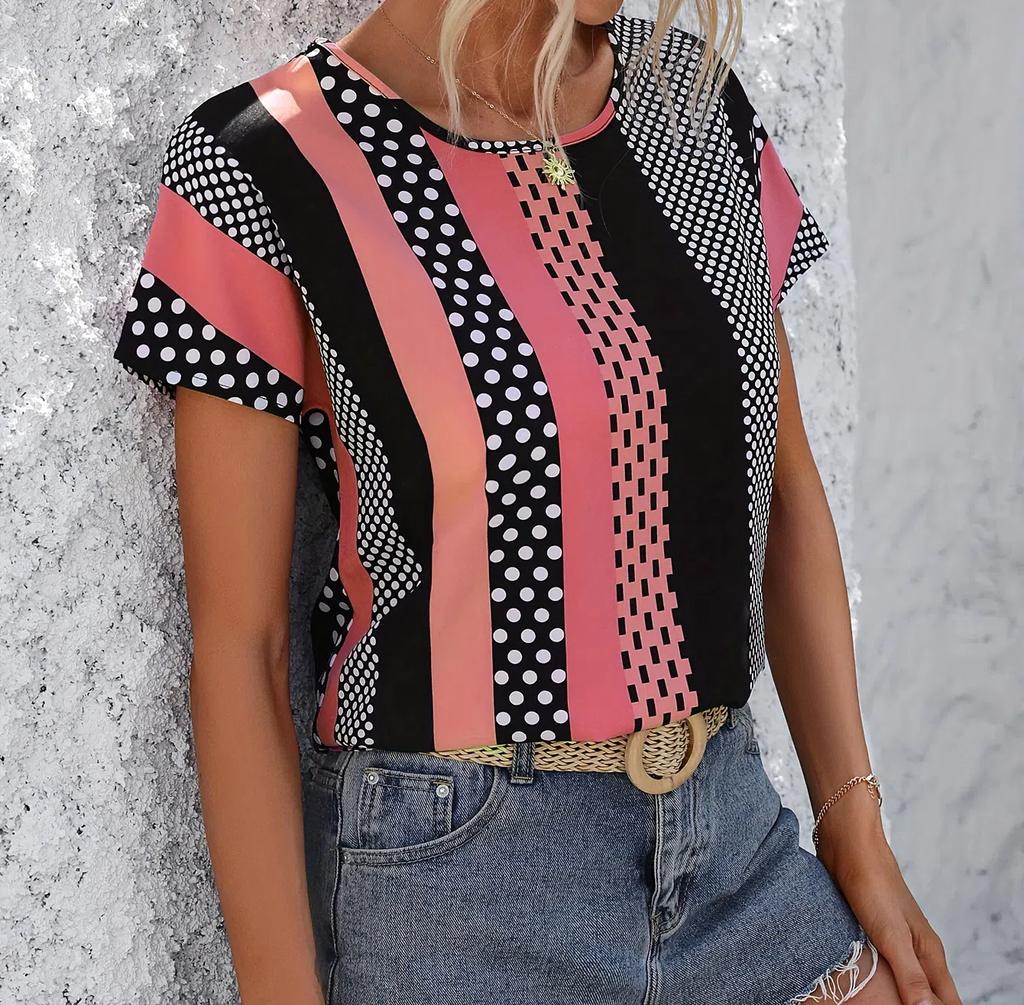 XXS-6XL Größe T-Shirt Damen Sommer Casual Rundhals Kurzarm Oberteile Tees Geometrisches Muster Locker Lässig Damenbekleidung