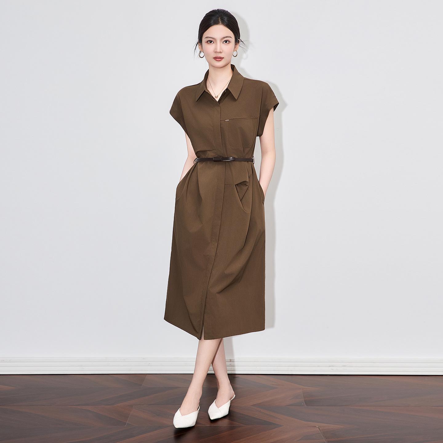 

Французское минималистичное платье-рубашка с завышенной талией - Женская летняя коллекция L кофейный