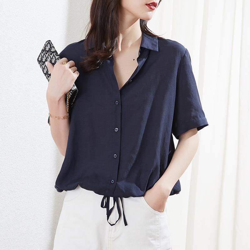 Summer Shirt Women's Short Sleeved Solid Color Drawstring Design Versatile Slimming Collar Shirt Top for Women