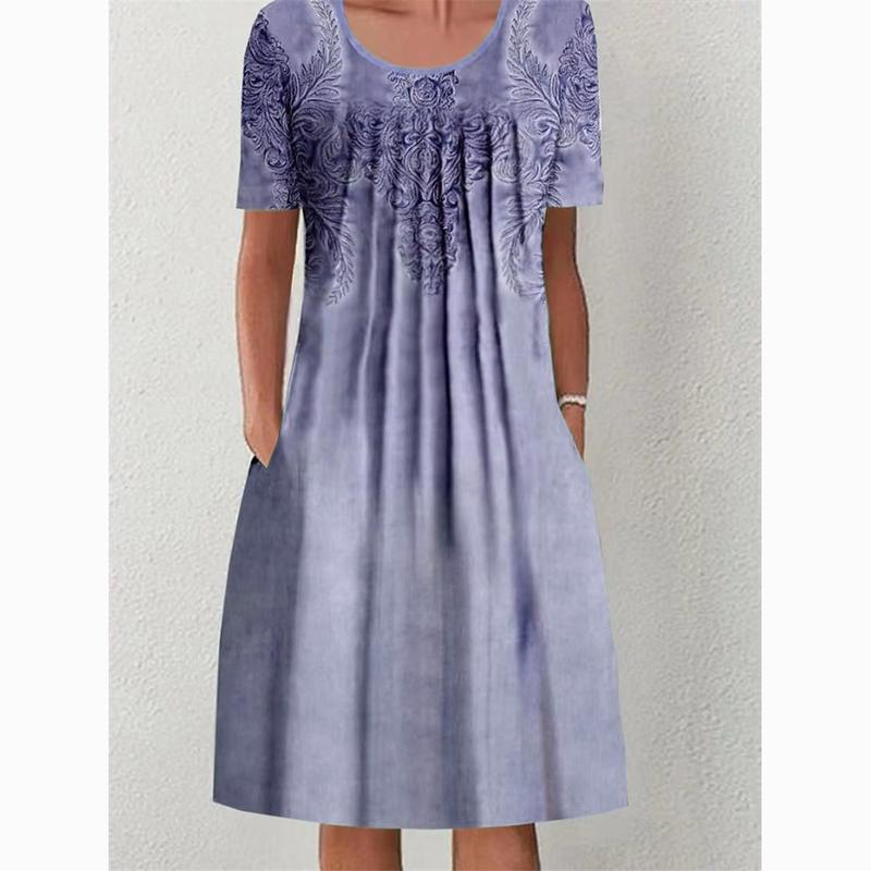 Spring Summer Floral Print Plus Size Casual Dress for Women Elegant A Line Loose Long Dress Female Pocket Round Neck Dresses 24063