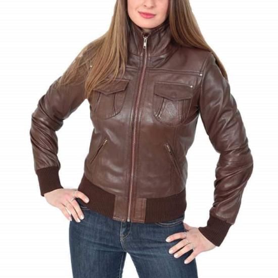 NOORA Lambskin VINTAGE Dark Brown Leather Bomber Jacket, Women Winter Jacket, Biker Jacket
