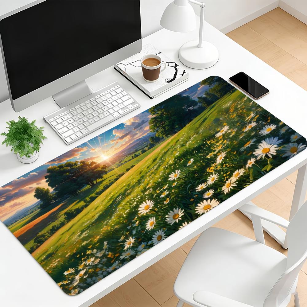 Natural Daisy Meadow Large Extended Gaming Mouse Pad Non Slip Desk Surface Sunrise Landscape Print For Gaming And Office Setup