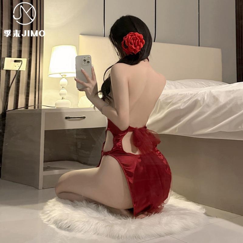 Sex Underwear Sexy Antique Peony Embroidery Neck Cheongsam Empty Split Retro Neck Cheongsam Skirt Women 8092