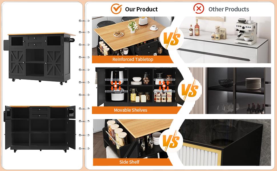 Isola cucina, carrello da pranzo con piano di lavoro, credenza, venature del legno, portasciugamani laterale, ante con rotelle, divisori regolabili, nero