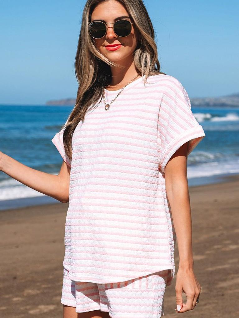 2025 Spring/Summer Women's Knit Drawstring Short-Sleeved Two-Piece Casual Set - European & American Fashion