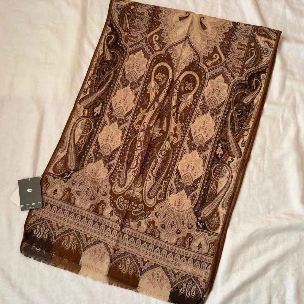 Used Tagged Etro Silk Blend Stole Paisley Brown Tones Italy