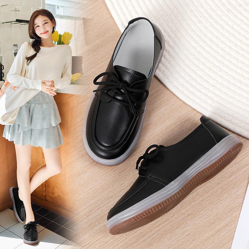 

Белая обувь для женщин на весну и осень, универсальные туфли на плоской подошве с круглым носком, беременные женщины могут носить маленькие кожаные туфли на шнуровке с мягкой подошвой 41 чёрный