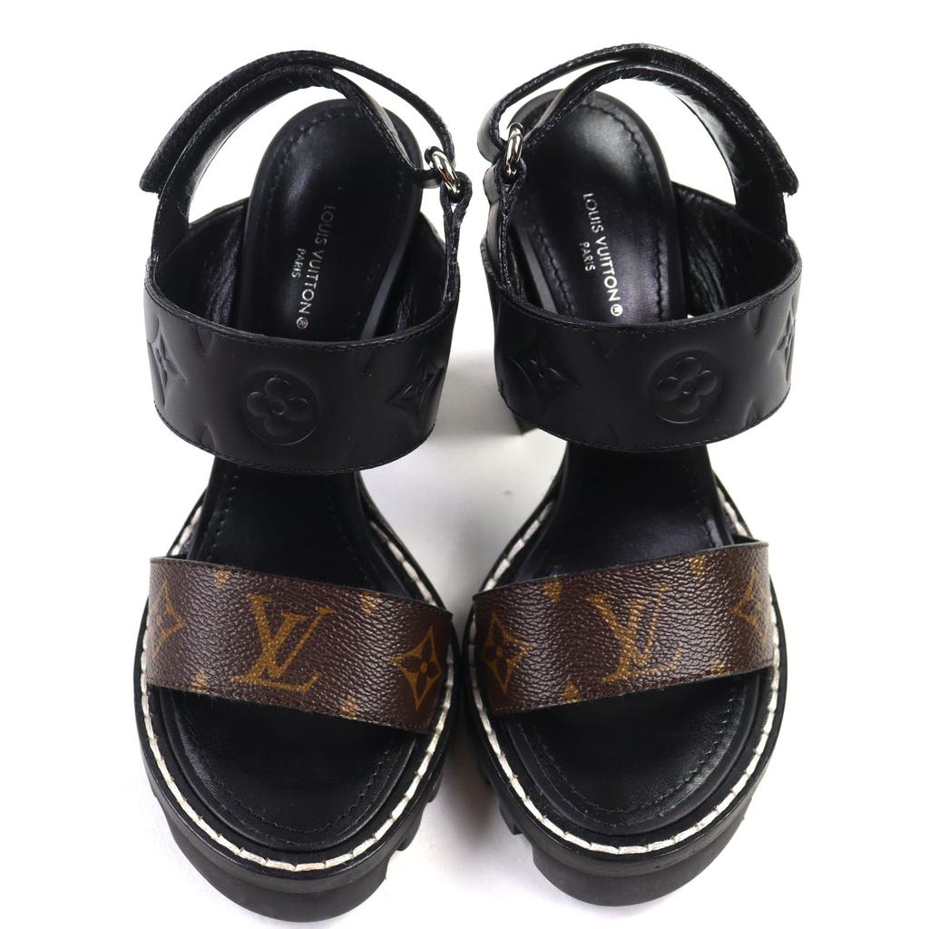 Excellent LOUIS VUITTON Sandals Star trail line Black brown Monogram canvas Women 36.5 Used