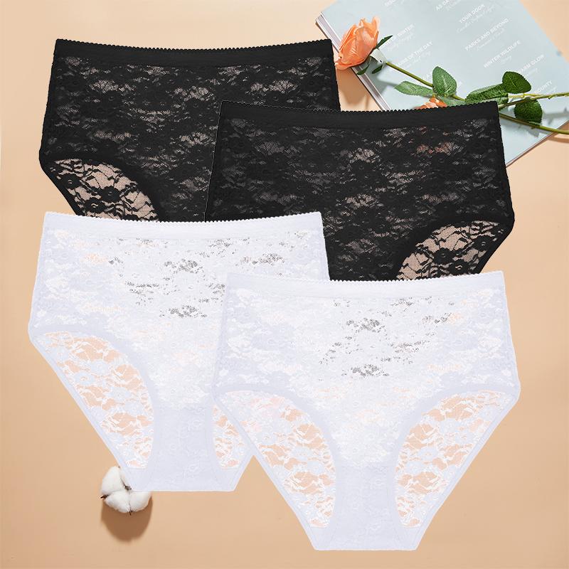 4 Stück Damen Spitzen-Slips Hohe Taille Sexy Unterwäsche Transparent Damen Unterhosen Enganliegend Übergröße Slips S-XXL
