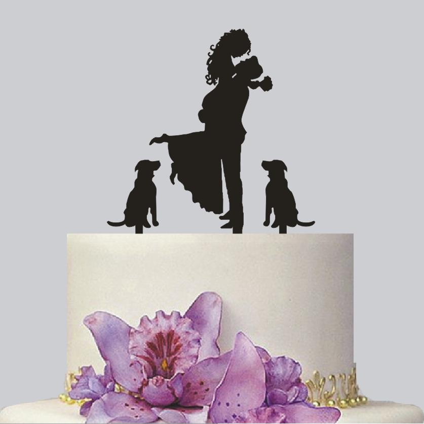 Black Wedding Cake Topper - Bride Hold Groom with Flowers Besides 2 Pet Dogs Silhouette Cake Decoration