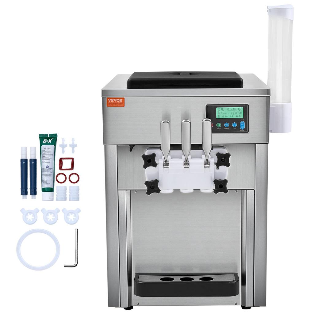 VEVOR Commercial Ice Cream Machine, 21 QT/H Yield, 1800W 3-Flavor Countertop Soft Serve Ice Cream Maker, 2 X 4L Hopper 2 X 1.8L Cylinder