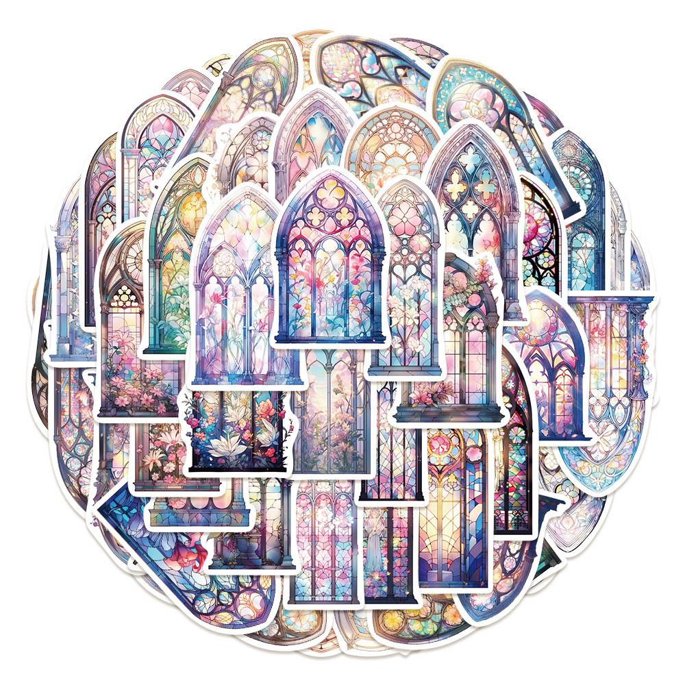 50-Piece Elegant Church Window Stickers - Waterproof DIY Decorative Decals for Notebooks, Laptops, Journals & Phone Cases