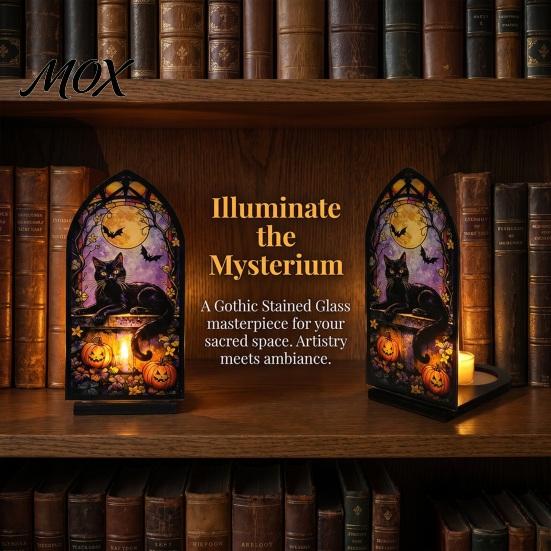 Vintage Church Window Light Halloween Candle Holder, Gothic Stained Glass Style Solid Wood Base Stand Retro Spooky Candlestick, Tabletop Atmosphere