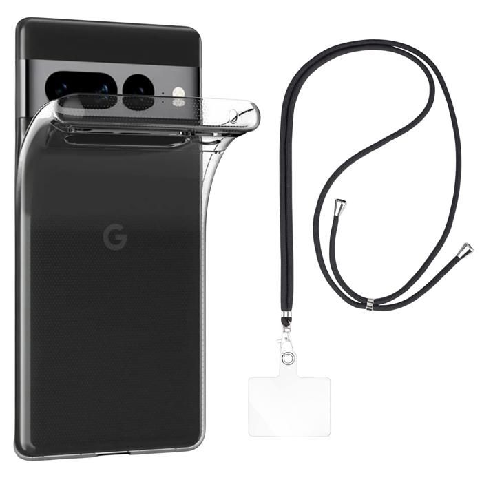 Case and Neck Strap for Google Pixel 7 Pro - Transparent Soft TPU Adjustable Black Cord Phonillico®