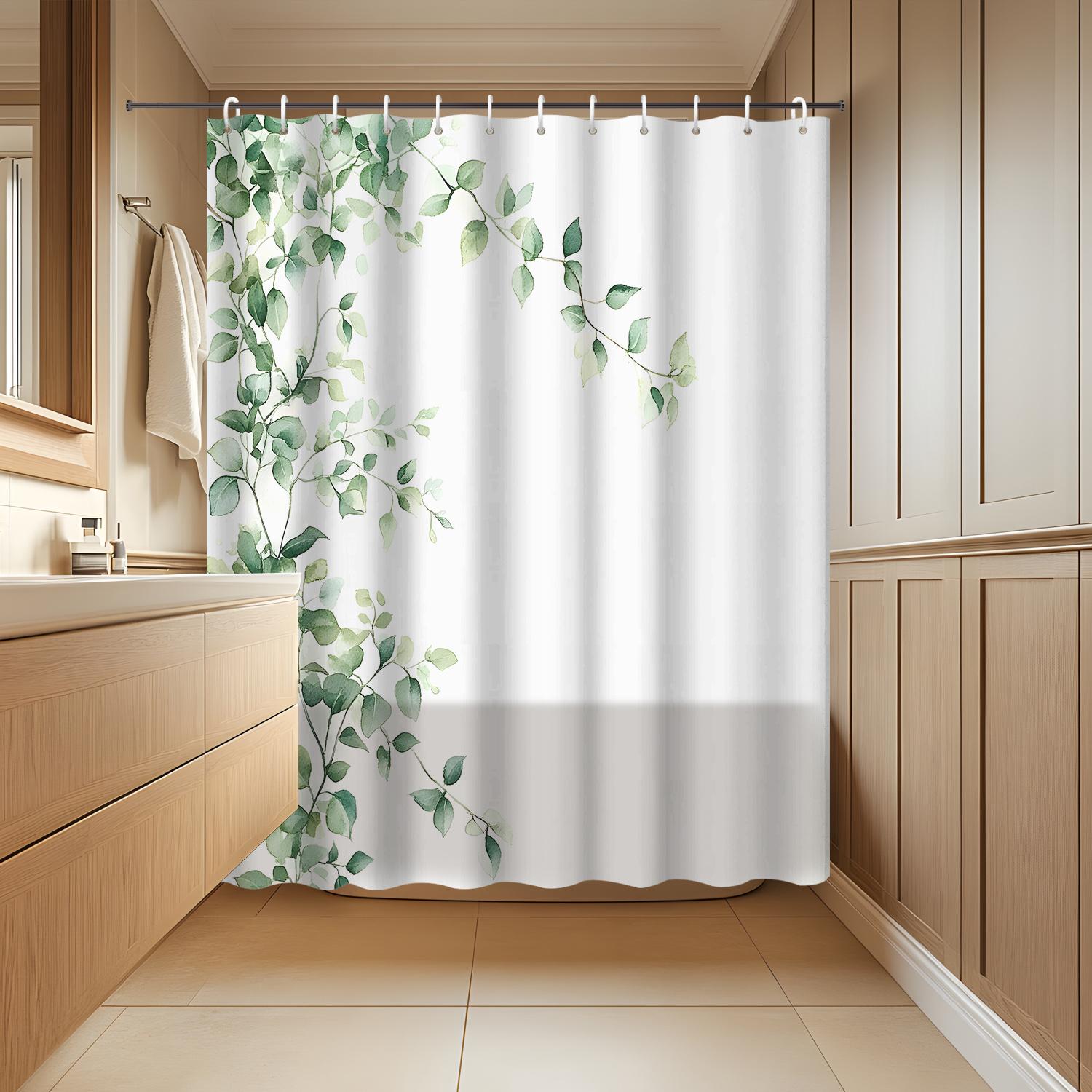 Textile Article Green 1Pc Plant Leaves Shower Curtain - Water-Resistant Polyester, 12 Hooks, Artistic Grommet Top, Machine Washable