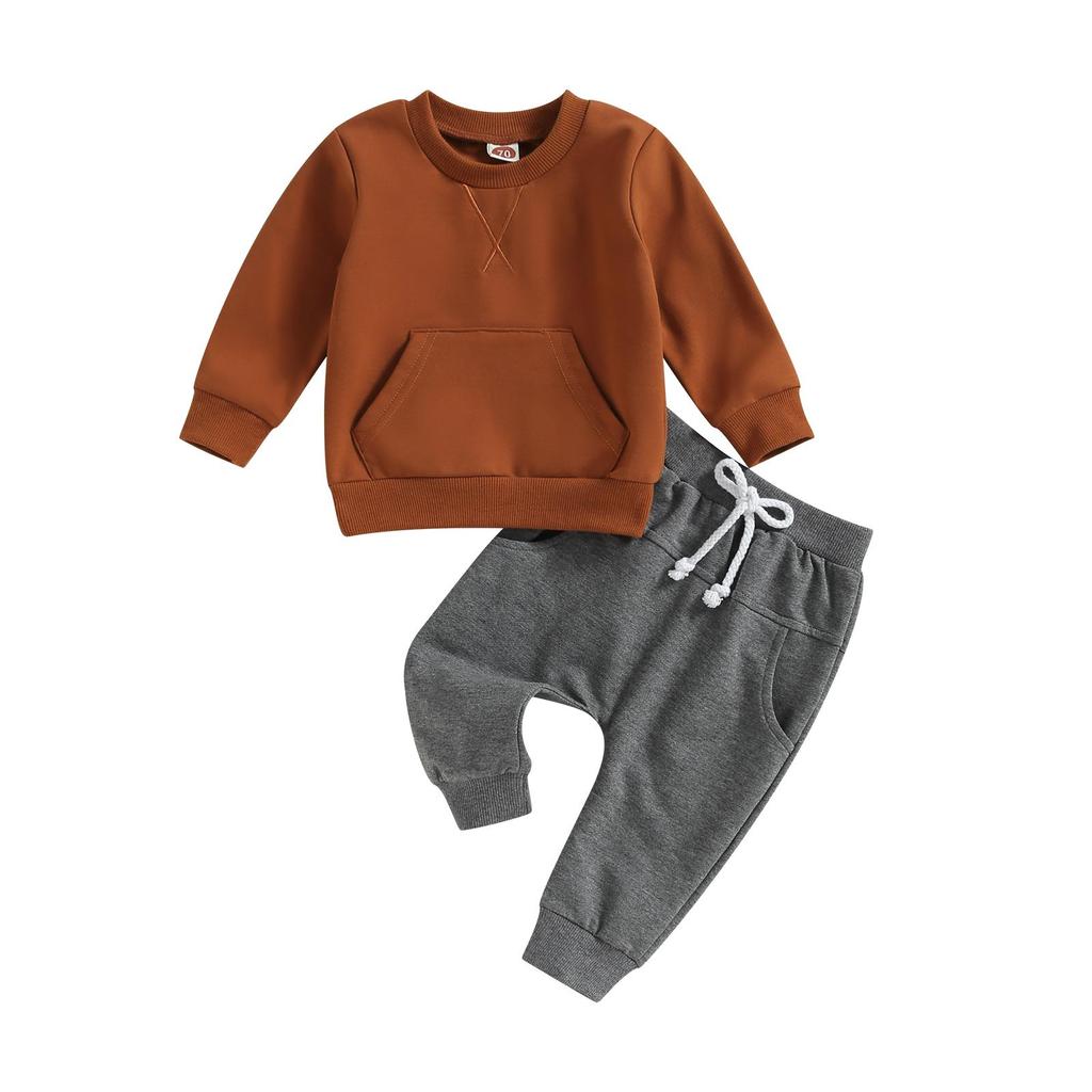Toddler Boys Fall Outfits Pocket Embroidery Crew Neck Long Sleeve Sweatshirts and Long Pants 2Pcs Clothes Set
