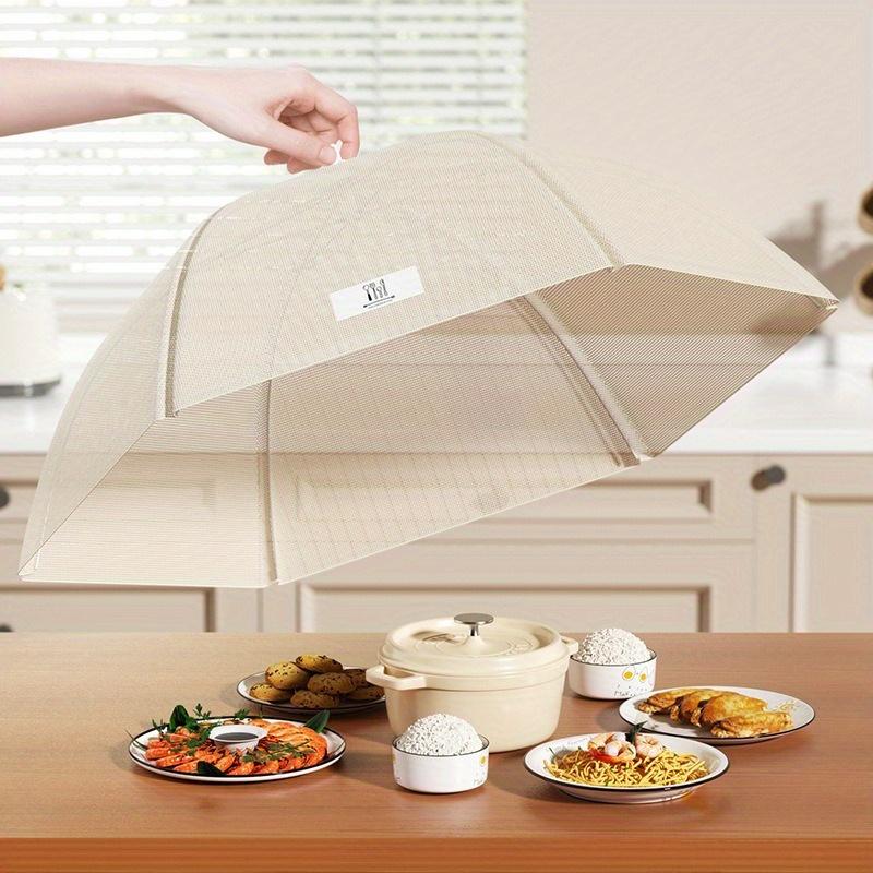 1pc Collapsible Food Cover with Fly Proof Mesh - Heavy-Duty Beige/White, Foldable Dish Protector with Airflow Design
