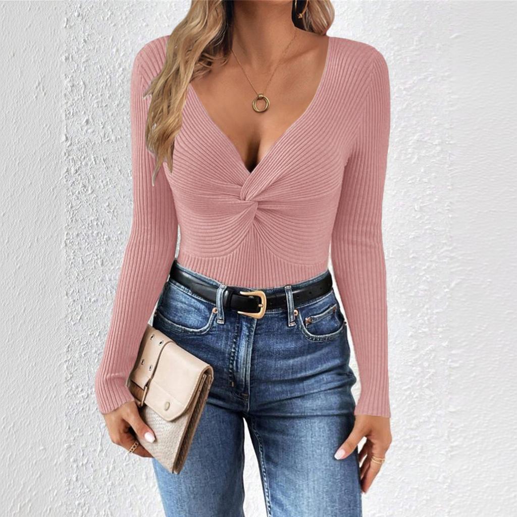 Women V Neck Twist Knot Knit Sweater Long Sleeve Slim Fit Casual Pullover Top Stretchy Soft Fabric