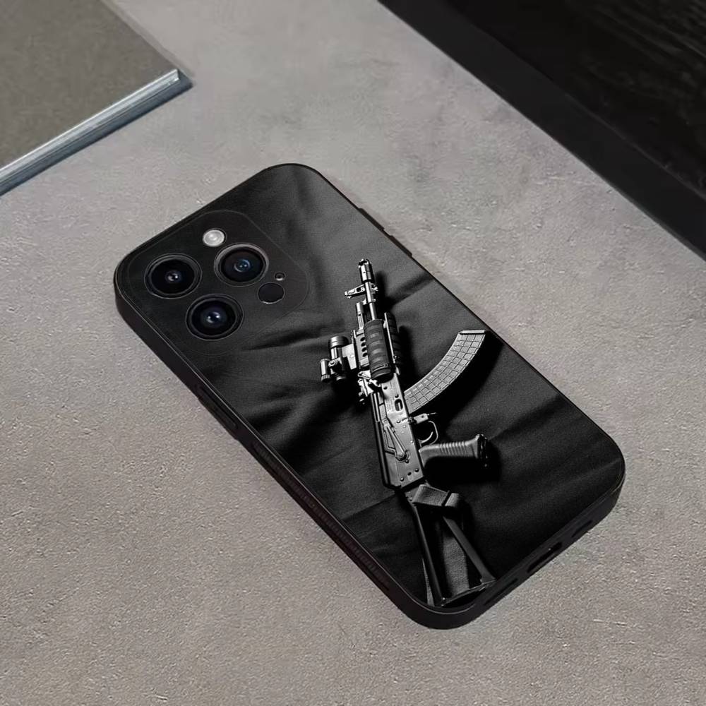 AK47 Handgun Gun BUllets Phone Case For iPhone 16,15,14,13,12,11 Plus,Pro Max,XS,X,XR,SE,Mini,8,7,Soft Silicone Black Cover