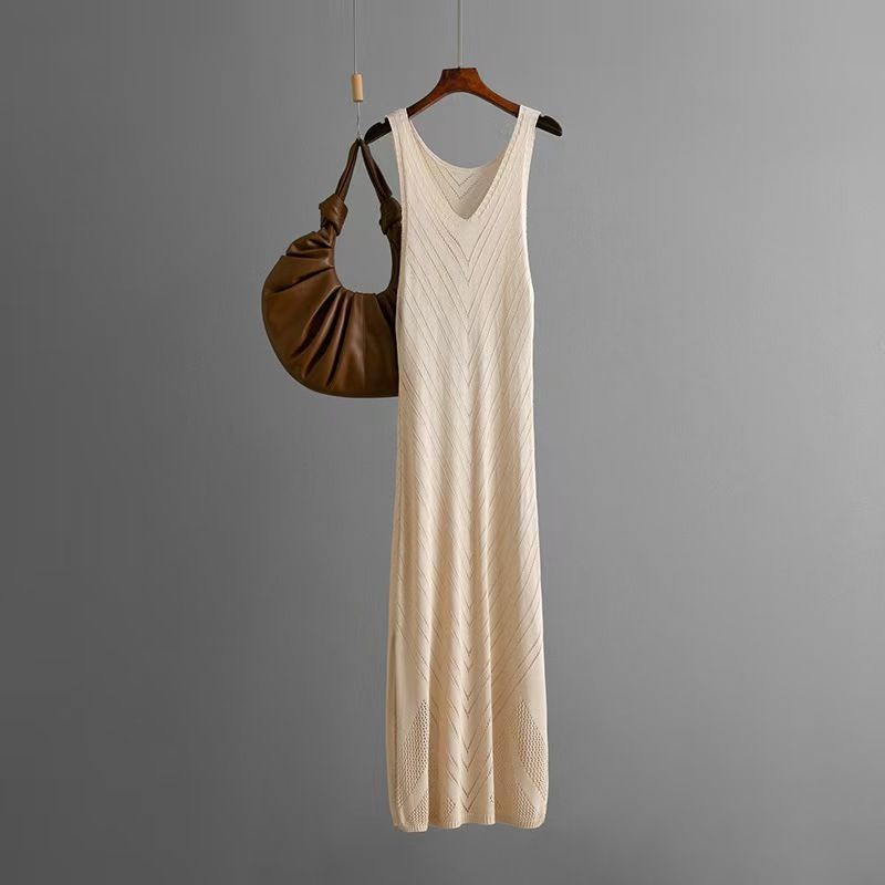 

Fashion Knitting V-neck Hollow Beach Cover-up Sexy Vacation Dress Sexy Knit Beach Skirt Apricot All yards