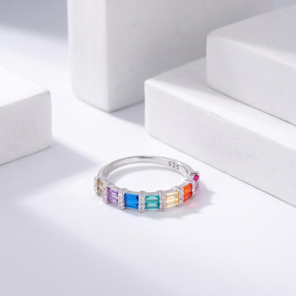 Colorful Baguette Zircon Bezel Setting Trendy 925 Sterling Silver Rhodium Plated Wedding Ring Party Gift