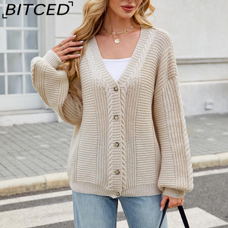 

BITCED Relaxed-Fit Oversized Cardigan Autumn/Winter Long-Sleeved V-Neck Cable-Knit Sweater XL бежевый
