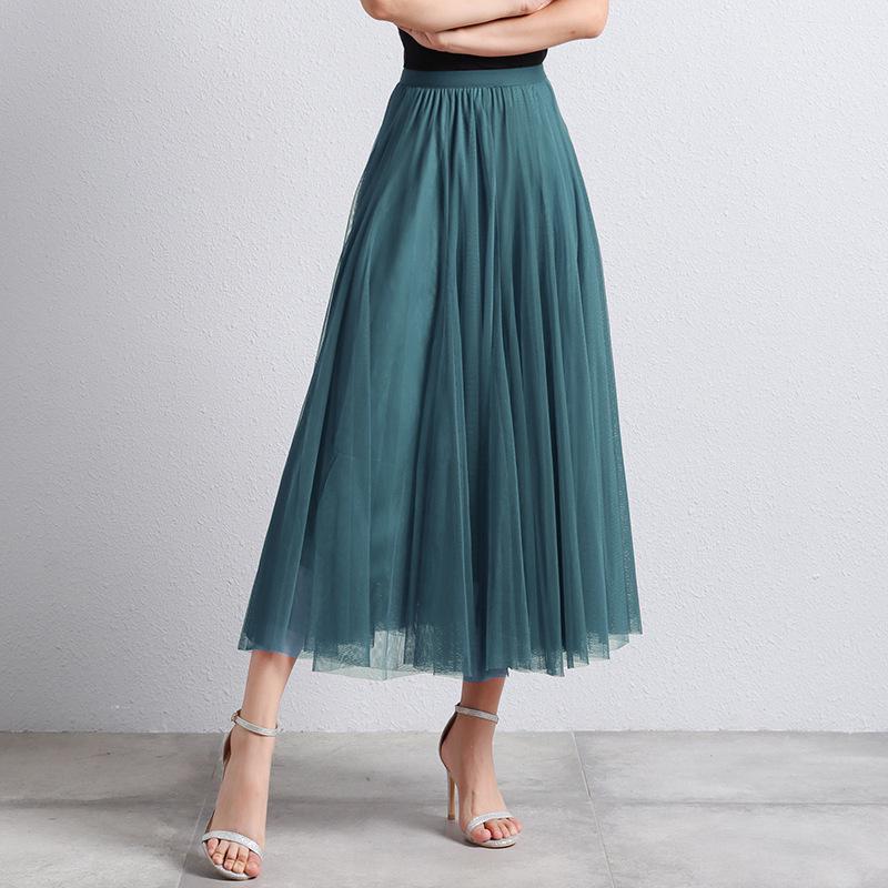 Women's High-Waist Mid-Length Pleated Mesh Skirt