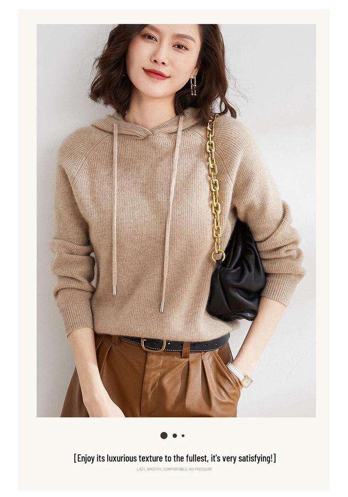 Women's Oversized Hooded Knit Sweater - Cozy Autumn/Winter Drawstring Pullover, Versatile Solid Color.