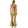 Womens Metallic Shiny Disco Outfit Sleeveless Racerback Tank Top with Flared Pants Elastic Waistband Partywear