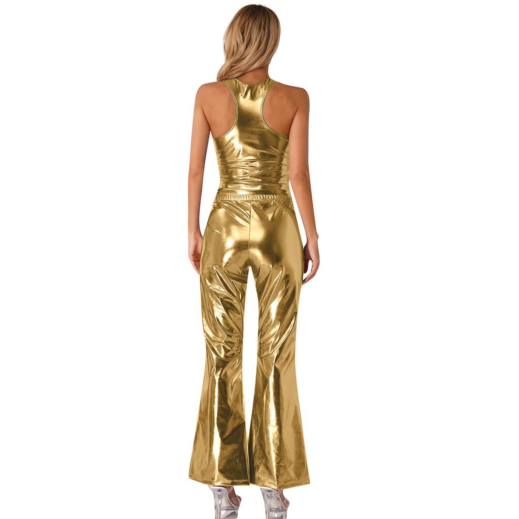 Womens Metallic Shiny Disco Outfit Sleeveless Racerback Tank Top with Flared Pants Elastic Waistband Partywear