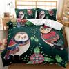 Cartoon Owl Child Duvet Cover Set,Mysterious Forest Retro Boho Design Bedding Set With 2 Pillow Shams, Queen/King/Full/Twin Size