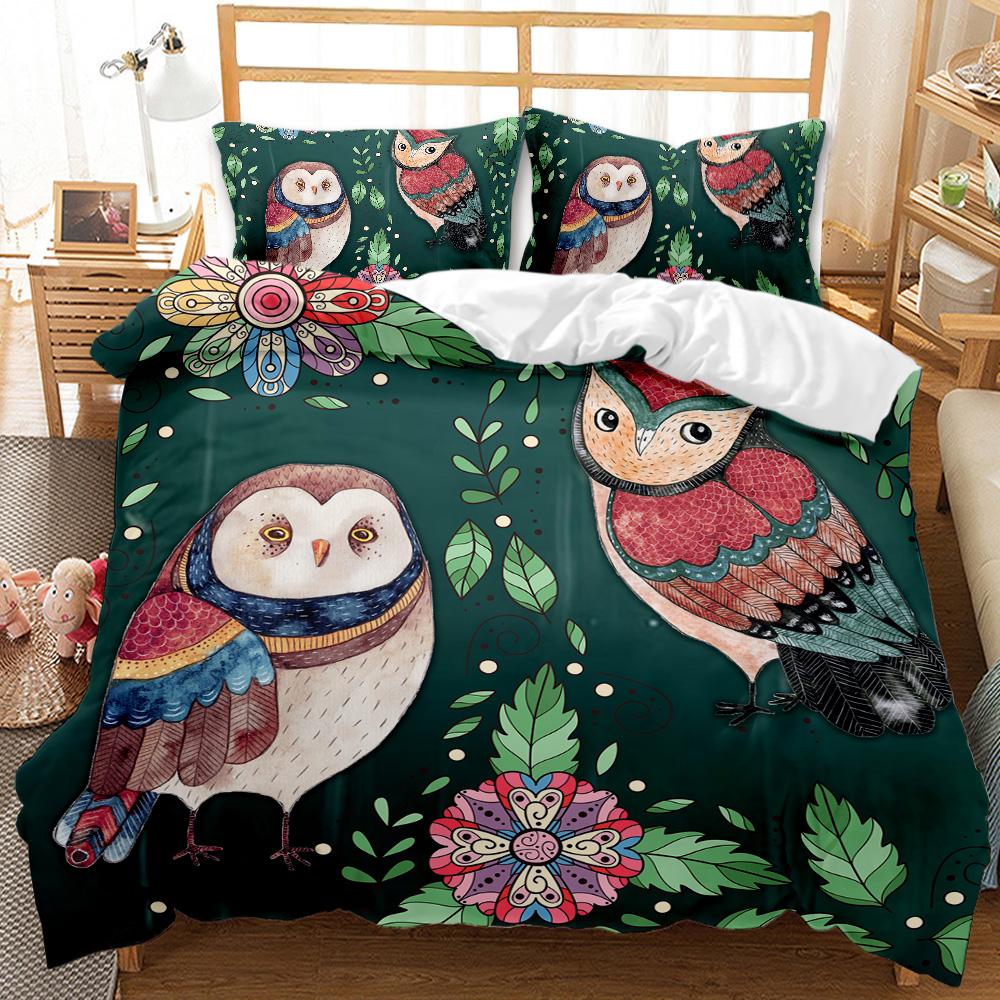 Cartoon Owl Child Duvet Cover Set,Mysterious Forest Retro Boho Design Bedding Set With 2 Pillow Shams, Queen/King/Full/Twin Size