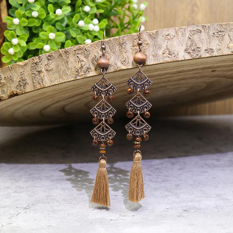 Vintage Ethnic Bohemian Drop Dangle Earrings For Women Wooden Tassel Pearl Beaded Geometric Leaf Flower Round Boho Earrings