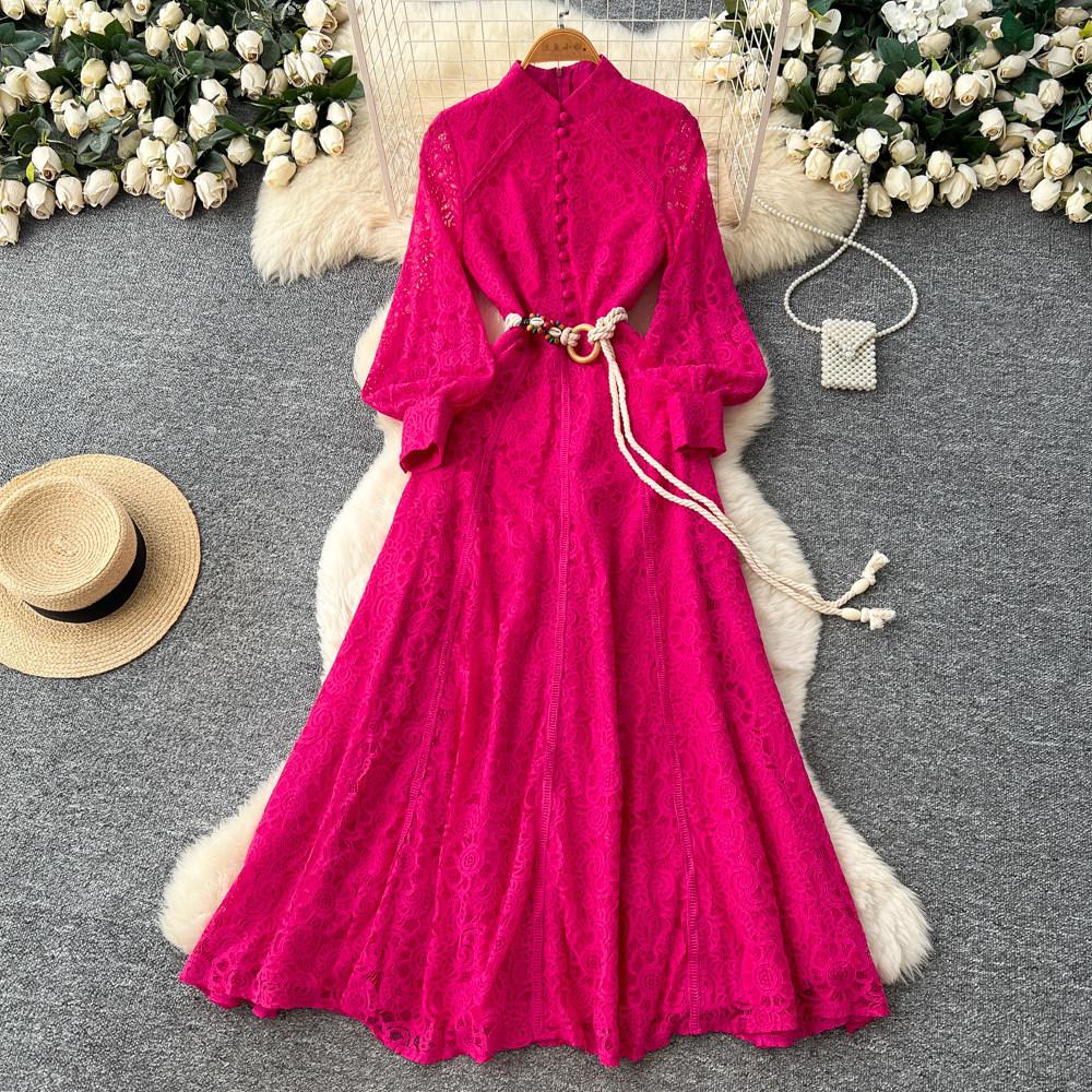 French Elegant Red Lace Hollow Temperament Dress Women's Spring Long-sleeved Waist Slim A-shaped Long Dress Commuting