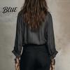 Elegant Autumn Shirt Women Ruffle V-Neck Top, Solid Color Casual Long Sleeve Dressy Blouse Pullover Shirt, Retro Pleated Loose for V-neck Top